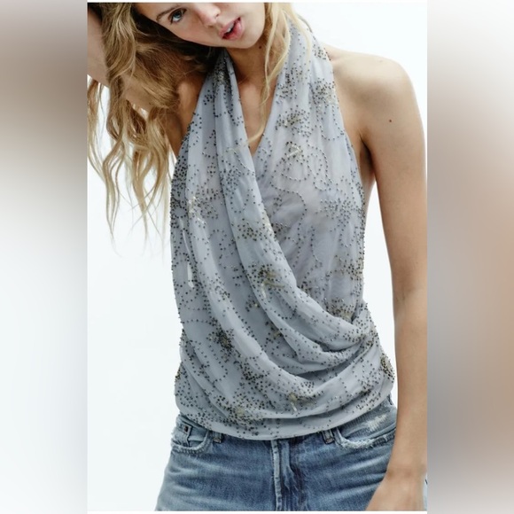 Zara Tops - ZARA BEADED EMBROIDERED HALTER TOP